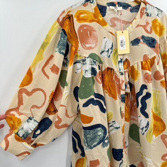 Entro Tan Floral Balloon Long Sleeve Button Front Relaxed Boho XL Blouse NWT - Picture 5 of 10